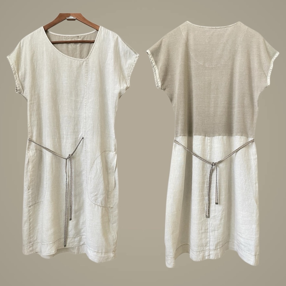 Sandwich Linen Dress Pockets EU 38 Beige Minimalist Shift Tie Waist Coastal